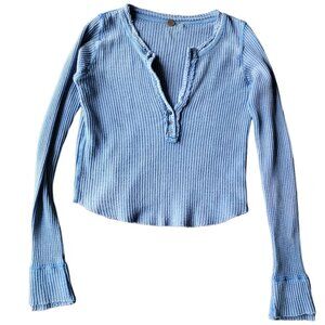 Free People Blue Waffle Long Sleeve V Neck